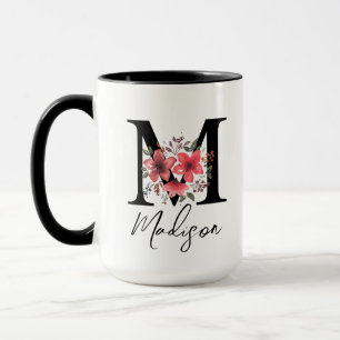 Letter M Black Monogram Pink Floral Arrangement Tasse