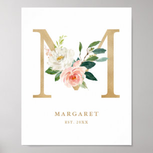 Letter M Blush Floral Monogram Gold Foil Kinderzim Poster