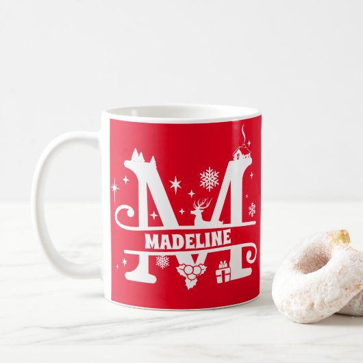 Letter M Christmas Monogram, Anfangsname Rot Kaffeetasse (Mit Donut)