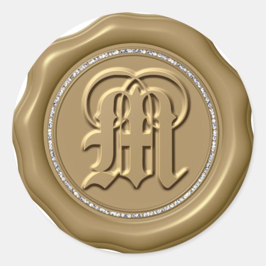 *~* Letter M Diamond Circle GOLD Wax Siegel Sticke Runder Aufkleber (Vorderseite)