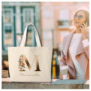 Letter M Elegant Floral Gold Monogram Jumbo Stoffbeutel