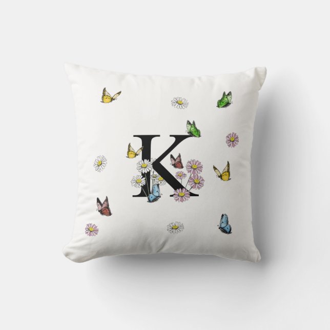 Letter M Floral Butterfly Monogram, Initial Throw Kissen (Vorderseite)