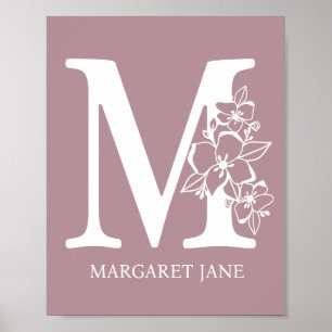 Letter M Floral Monogram Name Kinderzimmer Modern Poster