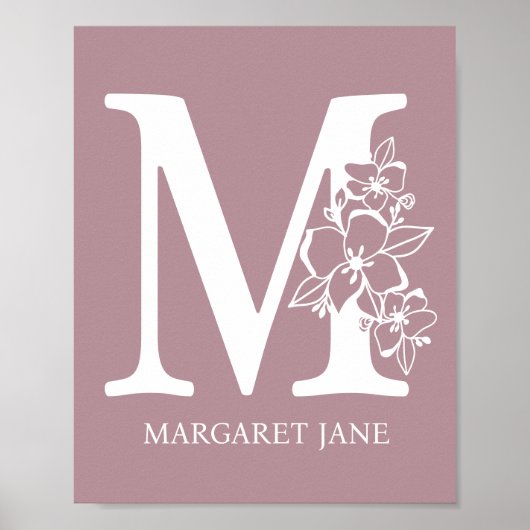 Letter M Floral Monogram Name Kinderzimmer Modern Poster (Vorne)