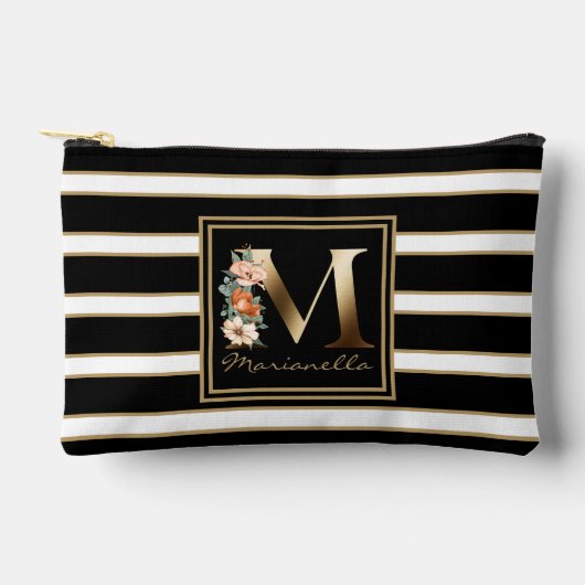 Letter M Floral Monogram Schwarz-weiße Streifen Zubehörtasche (Vorderseite)