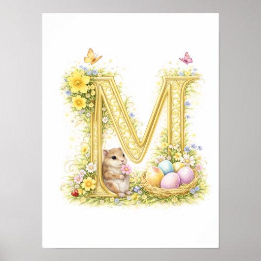 Letter M Gold Spring Nature Monogram Chipmunk Kids Poster (Vorne)