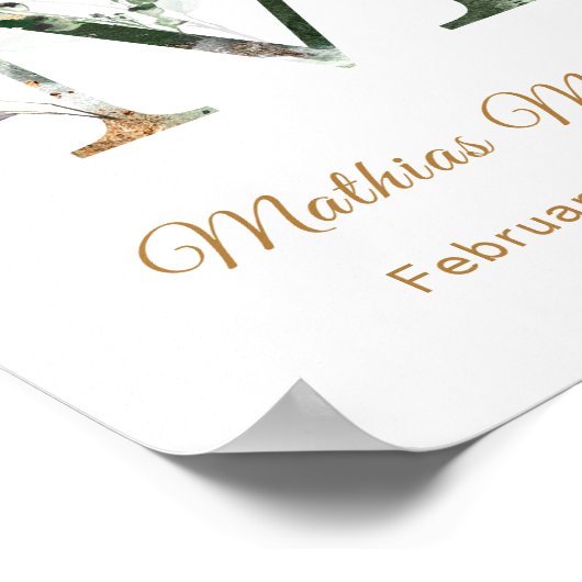 Letter M Green & gold foliage Baby Birth Poster (Ecke)
