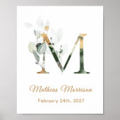 Letter M Green & gold foliage Baby Birth Poster (Vorne)