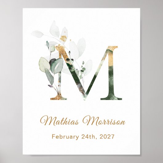 Letter M Green & gold foliage Baby Birth Poster (Vorne)
