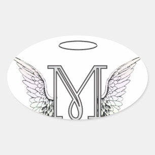 Letter M Initial Monogram mit Angel Wings & Halo Ovaler Aufkleber