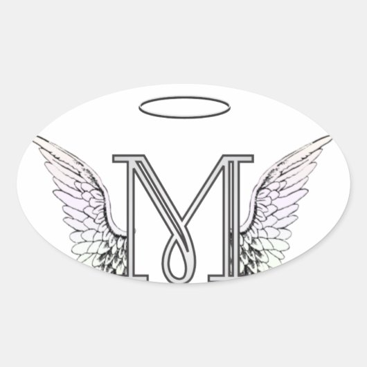 Letter M Initial Monogram mit Angel Wings & Halo Ovaler Aufkleber (Vorderseite)