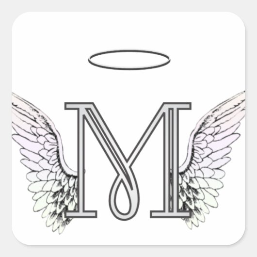 Letter M Initial Monogram mit Angel Wings & Halo Quadratischer Aufkleber (Vorderseite)