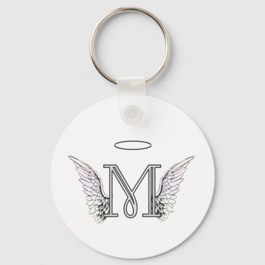 Letter M Initial Monogram mit Angel Wings & Halo Schlüsselanhänger (Vorderseite)