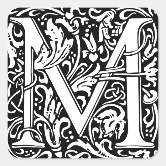 Letter M mittelalterliche Monogram Art Nouveau Quadratischer Aufkleber (Vorderseite)