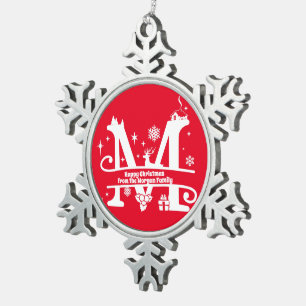 Letter M Monogram Anfangsname Familienname Gruß Schneeflocken Zinn-Ornament