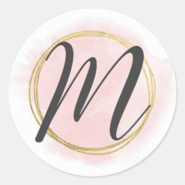 Letter M Monogram Blush Pink Watercolor Gold Chic Runder Aufkleber