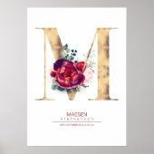 Letter M Monogram Floral Burgundy Red and Gold Poster (Vorne)