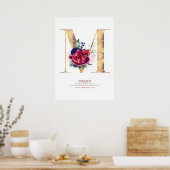 Letter M Monogram Floral Navy Blue und Burgundy Poster (Küche)