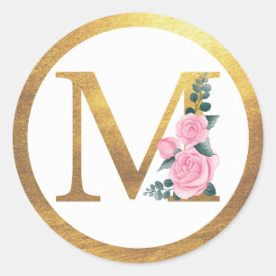 Letter M Monogram Pink Roses Floral & Elegante Gol Runder Aufkleber