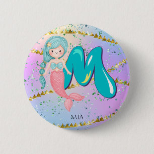 Letter M Monogram Watercolor Niedlich Mermaid Kind Button