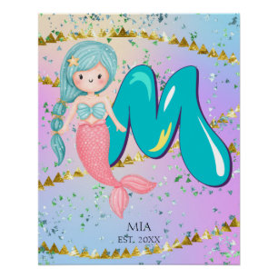 Letter M Monogram Watercolor Niedlich Mermaid Kind Poster