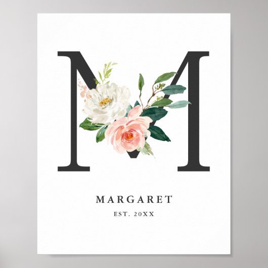 Letter M Monogram Watercolor Peach Florals Kinderz Poster (Vorne)