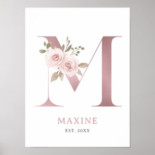 Letter M Monogram Watercolor Rose Florals Kinderzi Poster