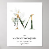 Letter M New Baby Monogram Birth Print Greenery Poster (Vorne)