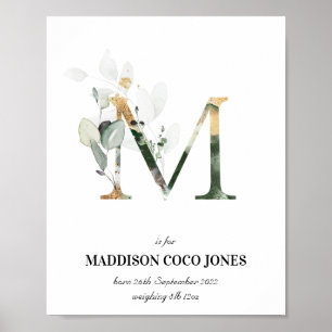 Letter M New Baby Monogram Birth Print Greenery Poster