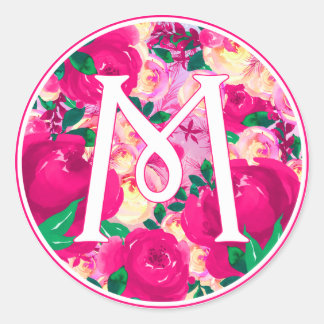Letter M Pink Watercolor Floral Circle Monogram Runder Aufkleber