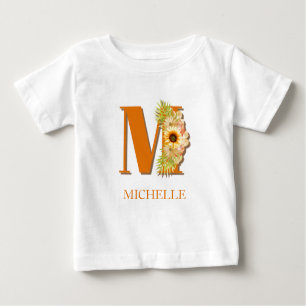 Letter M Sunflower Monogram with Name Baby T-shirt