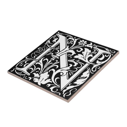 Letter N Art Nouveau Schwarz/Weiß Tile Fliese (Seite)