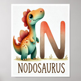 Letter N, Dinosaur Alphabet Watercolor Poster