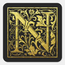 Letter N First Letter Imitate Gold Schwarz Quadratischer Aufkleber