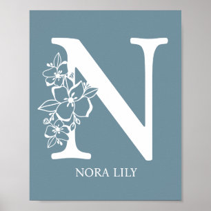 Letter N Floral Monogram Name Nursery Modern Poster