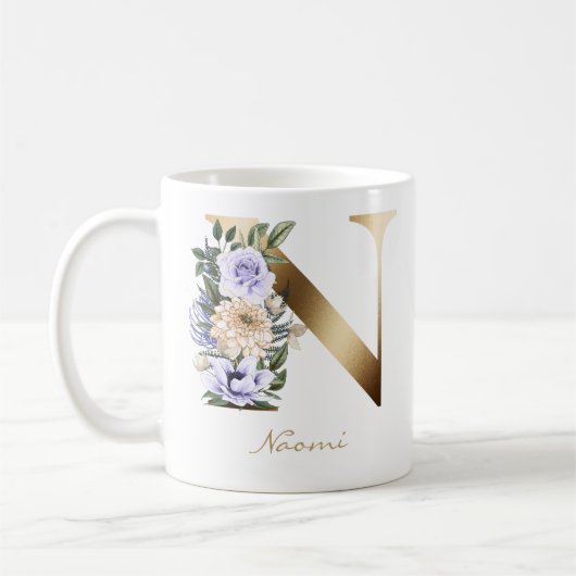 Letter N Gold Monogram Light Lila Creme Floral Kaffeetasse (Links)