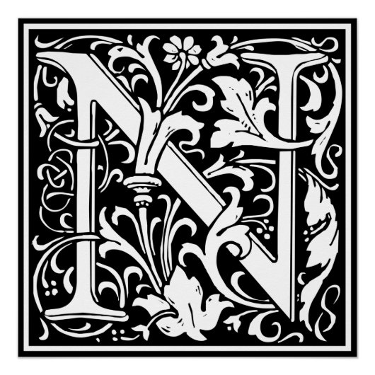 Letter N Mittelalterliche Monogram Art Nouveau Poster (Vorderseite)