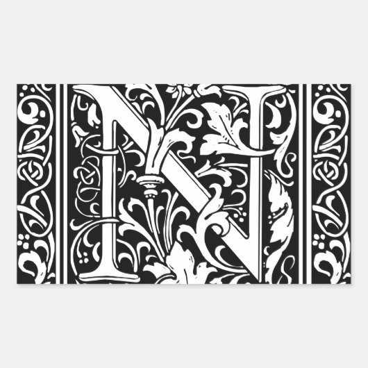 Letter N Mittelalterliche Monogram Art Nouveau Rechteckiger Aufkleber (Vorderseite)