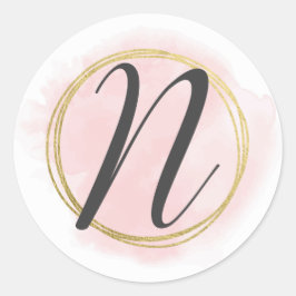 Letter N Monogram Blush Pink Watercolor Gold Chic Runder Aufkleber