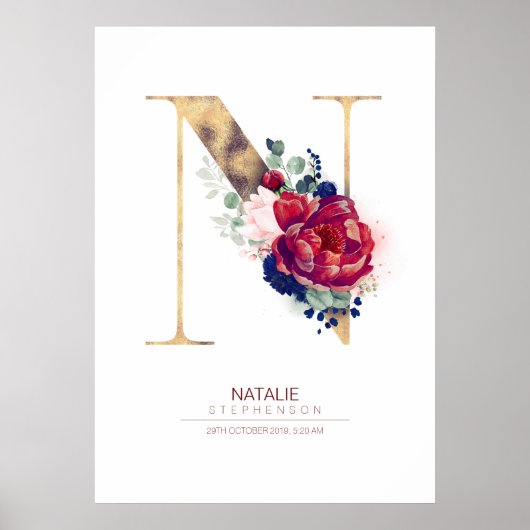 Letter N Monogram Floral Navy Blue and Burgundy Poster (Vorne)