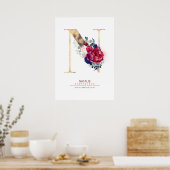 Letter N Monogram Floral Navy Blue and Burgundy Poster (Küche)