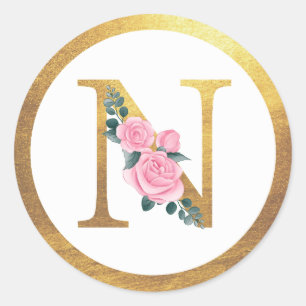Letter N Monogram Roses Floral & Elegant Gold Runder Aufkleber
