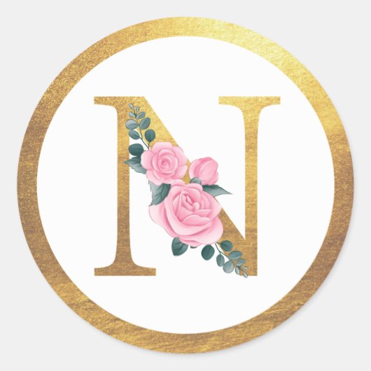 Letter N Monogram Roses Floral & Elegant Gold Runder Aufkleber (Vorderseite)