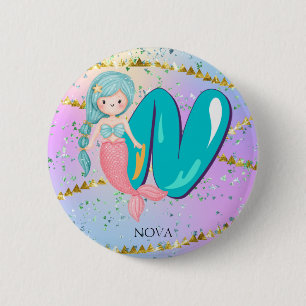 Letter N Monogram Watercolor Niedlich Mermaid Kind Button
