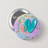 Letter N Monogram Watercolor Niedlich Mermaid Kind Button (Vorne & Hinten)