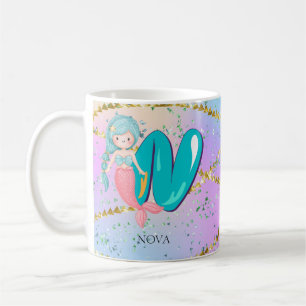 Letter N Monogram Watercolor Niedlich Mermaid Kind Kaffeetasse