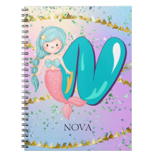Letter N Monogram Watercolor Niedlich Mermaid Kind Notizblock