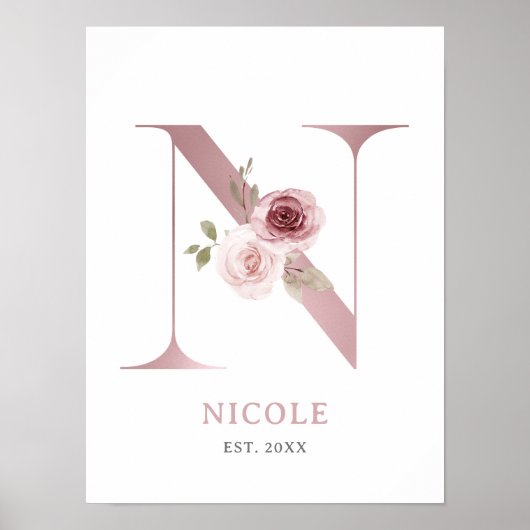 Letter N Monogram Watercolor Rose Florals Kinderzi Poster (Vorne)