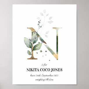 Letter N New Baby Monogram Birth Print Green Poster