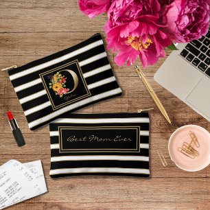 Letter O Floral Monogram Schwarz-weiße Streifen Zubehörtasche